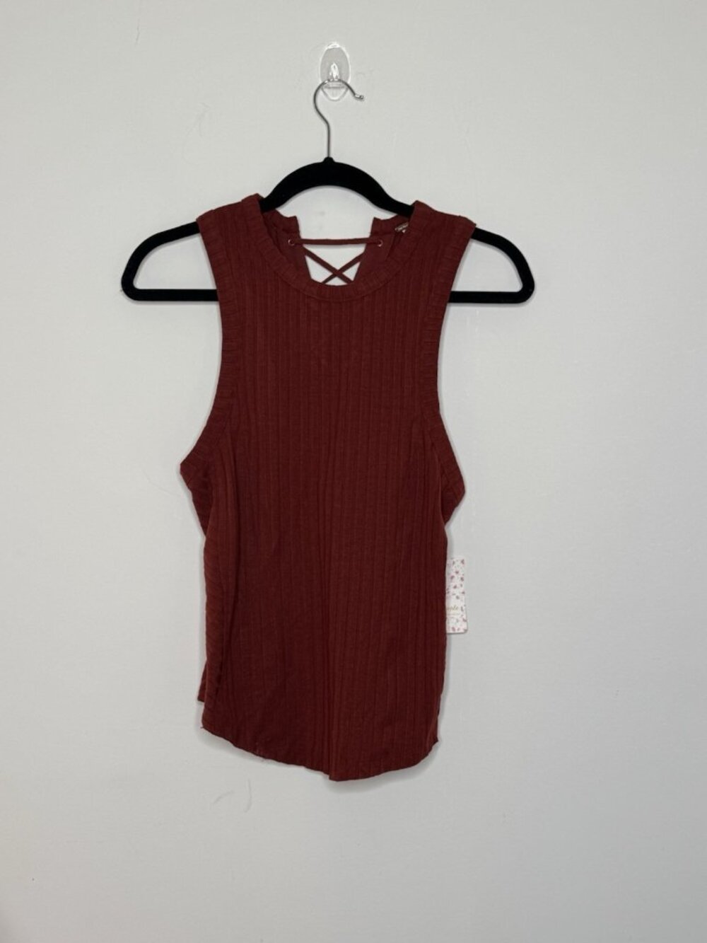 New Free People Size M Side Laces Ribbed Red Brown Cowboy Tank Top MRSP $58 NWT